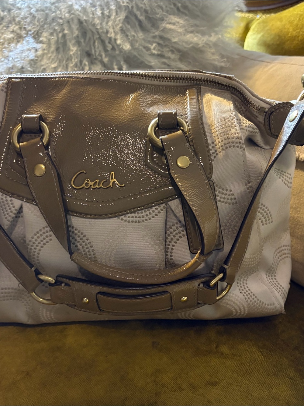 Coach Shoulder Bag in Gray with Taupe Patent Trim